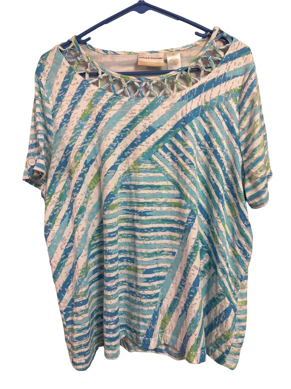 Alfred Dunner White, Blue & Green Striped Lattice-Neck Short Sleeve Top